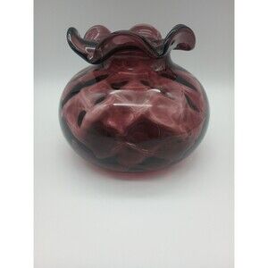 Vtg Purple Optic Glass Vase Diamond Plum Aubergine Scalloped Squat
